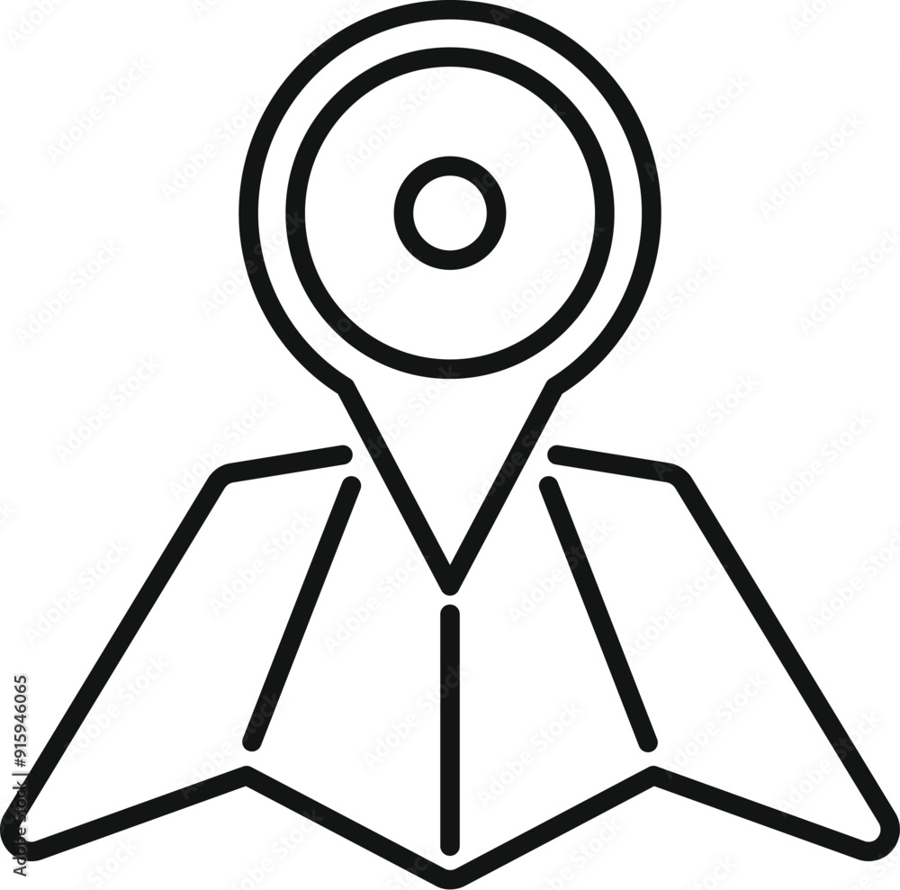 Poster line icon of a folded paper map with a location pin indicating a destination