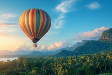 Naklejka premium Beautiful Picture of a Hot Air Balloon floating over a Landscape - Image 10 of 13 - 5376 x 3584 19.3MP - created by AI