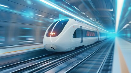 Fototapeta premium Maglev train speeding through futuristic station.