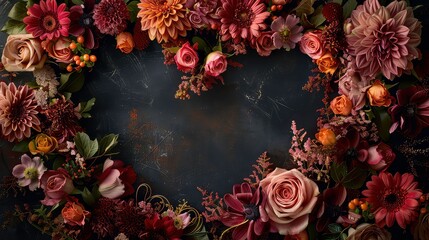 A heart-shaped arrangement of various flowers in shades of brown, pink, and gold on a dark background. The flowers are arranged in a heart shape with a dark background.