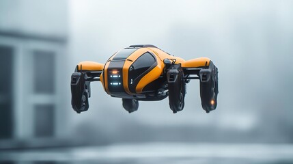 Futuristic drone with yellow and black design, hovering in mid-air.