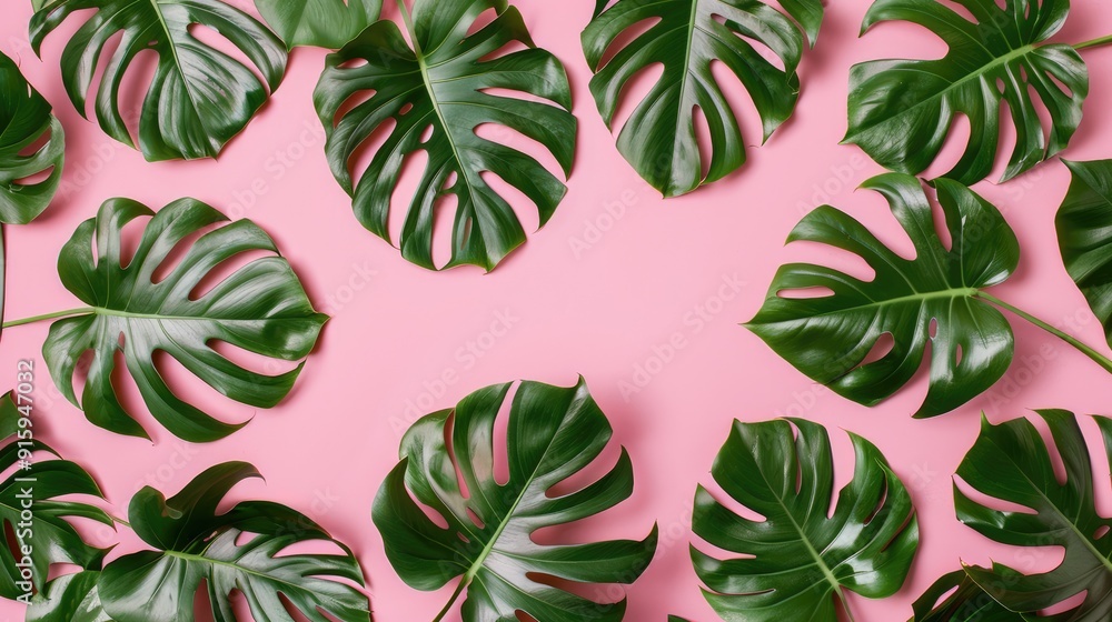 Poster Monstera leaves on pink background: flat lay view