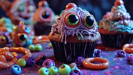 Close-up of spooky Halloween-themed cupcakes with eyeball decorations, set in a dark, eerie setting. Concept of Halloween treats, festive baking, and creepy holiday desserts, symbolizing creativity an - Powered by Adobe