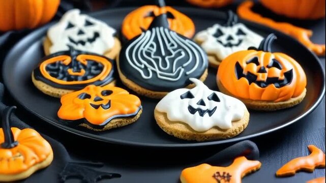 Halloween-themed cookies shaped like pumpkins with spooky designs, set on a black plate, creating a festive and eerie atmosphere. Concept of Halloween treats, festive baking, and creative holiday dess