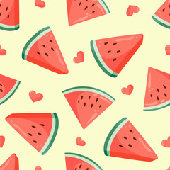 Juicy watermelon slices and small hearts seamless pattern. Summer fruit flat vector illustration. Tropical fruit background for baby fabric, kids textile, packaging, wrapping, scrapbook, wallpaper.