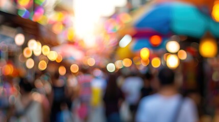 Vibrant Urban Street Market with Colorful Stalls and Bustling Crowd, Lively Cultural Scene