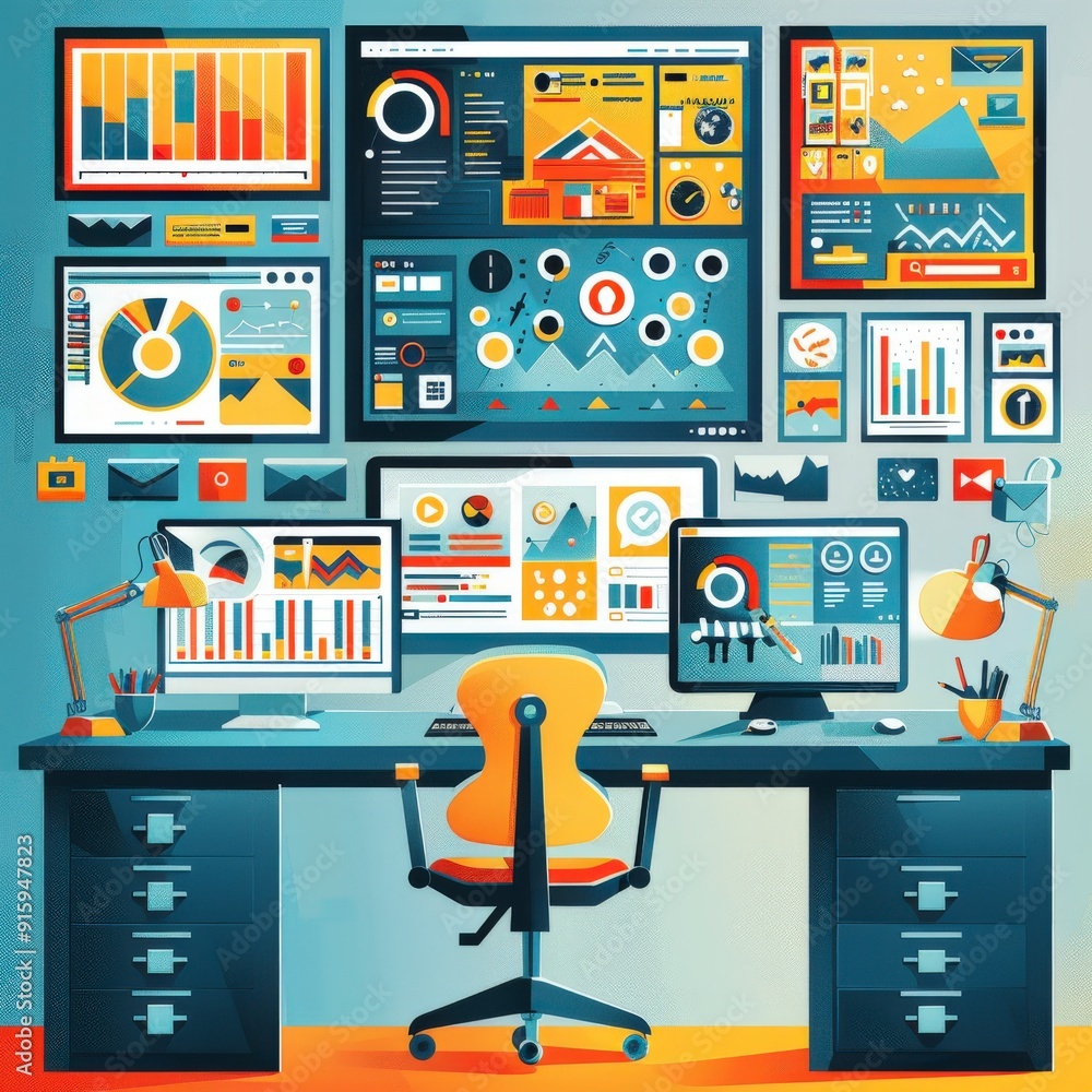 Poster digital command center: social media manager's workspace with multiple screens showing feeds, analyt