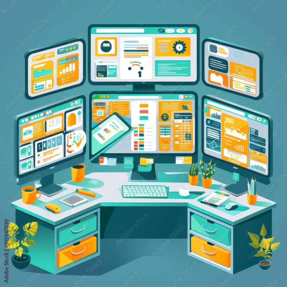 Poster digital command center: social media manager's multiscreen workspace with analytics tools