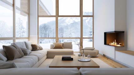 Fototapeta premium Warm and Inviting Cozy Living Room with Fireplace and Comfortable Furniture, Home Interior Design Concept