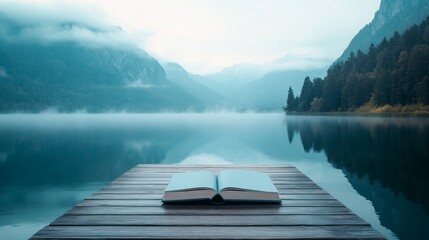 An open book lies on a wooden dock with a serene misty lake and majestic mountains in the background, evoking tranquility and contemplation