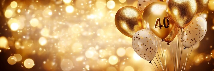 Golden 40th Birthday Celebration: Festive Lights Background with Party Invitations for a Milestone Celebration and Birthday Decorations.