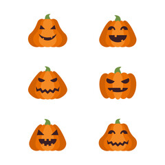 Set of cute halloween pumpkins with funny and spooky faces in flat style. Collection of simple isolated icons with decorative elements for party