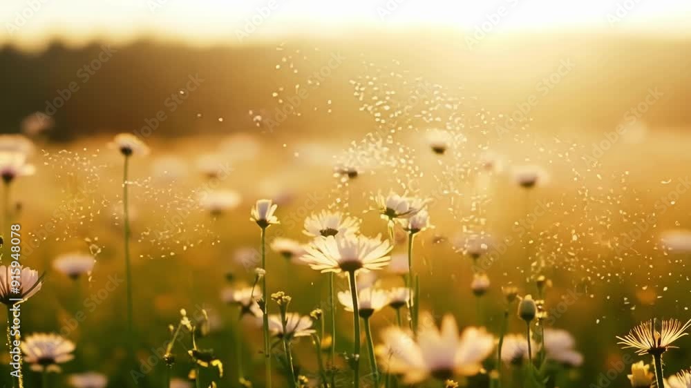 Poster slowly panning across a vibrant field of wildflowers the camera captures the delicate pollen particl