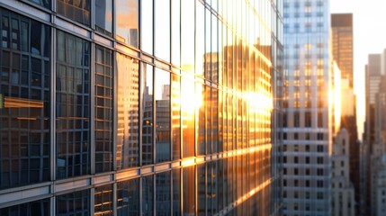 Fototapeta premium Glowing Skyscrapers: Urban Architecture in the Sunset Cityscape