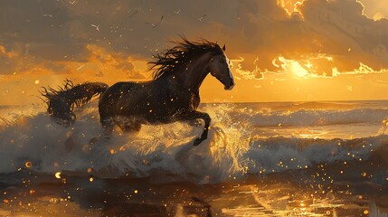  A horse is running on a sea view, long hairs streaming in the wind, with the sun setting behind. Art 