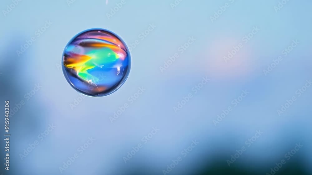 Poster A slow motion clip capturing the delicate moment when a bubble separates from its wand and begins its journey as it drifts higher and higher into the sky.