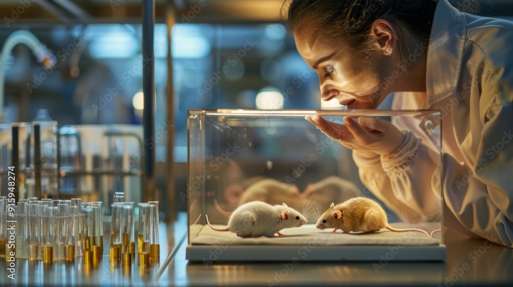 Poster scientist observing two lab mice in a glass enclosure within a laboratory setting. capturing a close