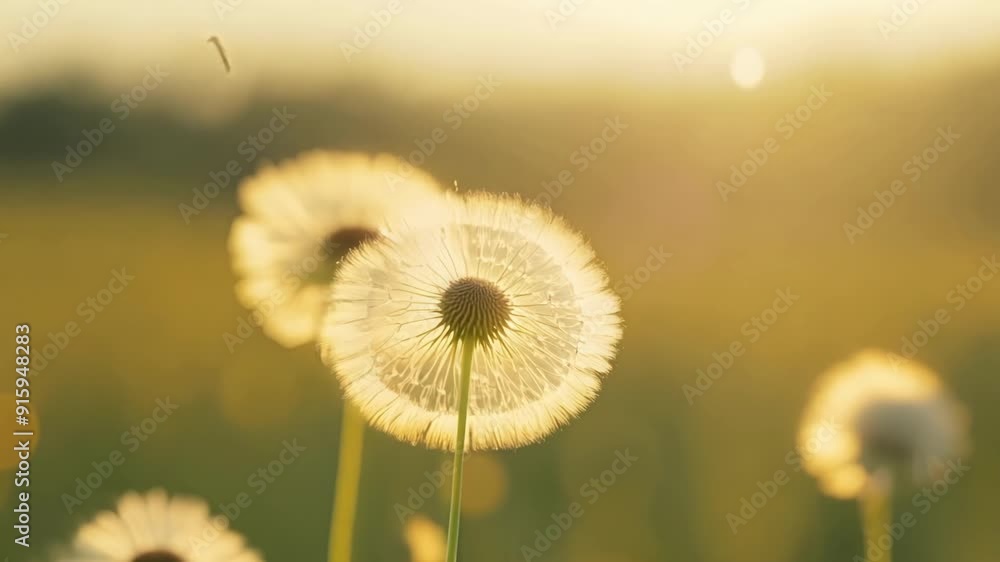 Poster The gentle swaying of multiple dandelion seeds on their stems creating a mesmerizing effect.