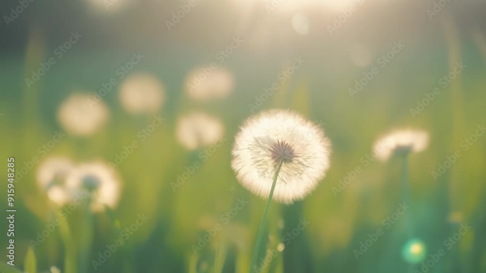 Poster A single dandelion seed gently landing on a patch of green grass surrounded by other seeds still floating in the air.