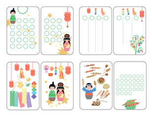 Vector children's pages for notebooks for a diary or planner for July, for the Tanabata Festival.