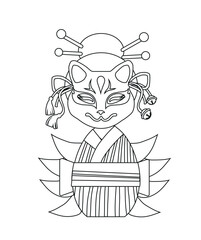 Coloring Page For Kids Kokeshi girl wearing a Kitsune mask on a white background