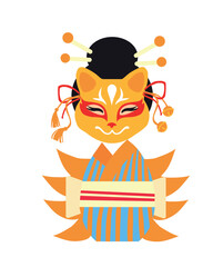 Kokeshi girl wearing a Kitsune mask on a white background