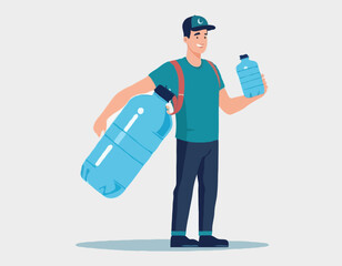 Water delivery concept. The man is holding a large water bottle. The character is depicted in full growth. Vector illustration