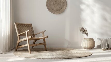 A Nordic chair and a basket on the living room floor