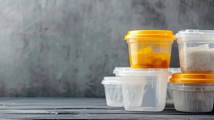 Four plastic containers with lids, two are yellow and two are clear, on a grey and black background.