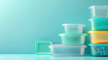 A collection of various plastic containers on a light blue surface. They are all clear with different colored lids, and some are stacked on top of each other.