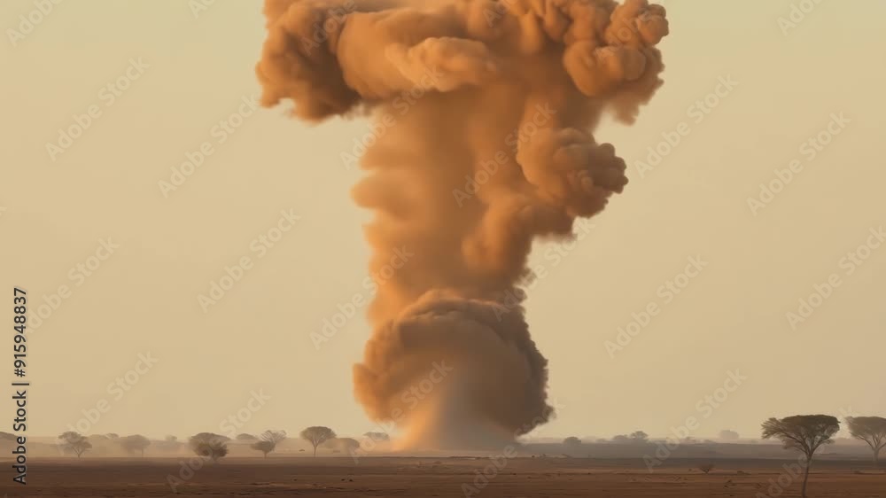 Poster a brown haze forms around the base of a dust devil giving it a dramatic and eerie appearance.