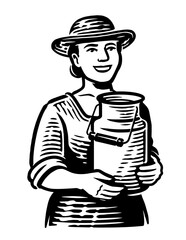 Happy farmer woman holding can of fresh milk. Dairy farm emblem or logo. Hand drawn sketch vector illustration