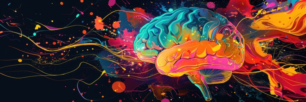 A vibrant illustration of a brain exploding with colorful ideas and creativity