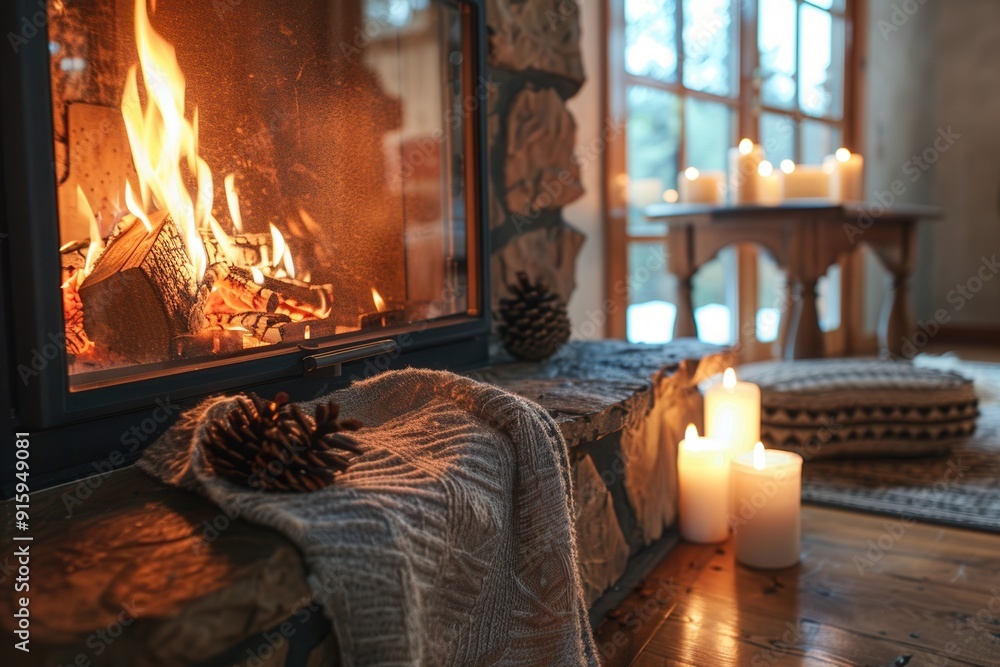 Aufkleber a roaring fireplace casts a warm glow, surrounded by candles and cozy decor, creating an inviting at