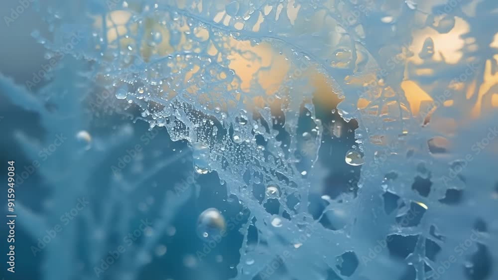 Poster A closeup of frost buildup on a window reveals a delicate weblike design with tiny droplets of water frozen in place.
