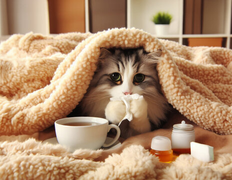 cat under a blanket in the living room, sick with a flu , funny ,using a tissue and having a cup of tea to recover