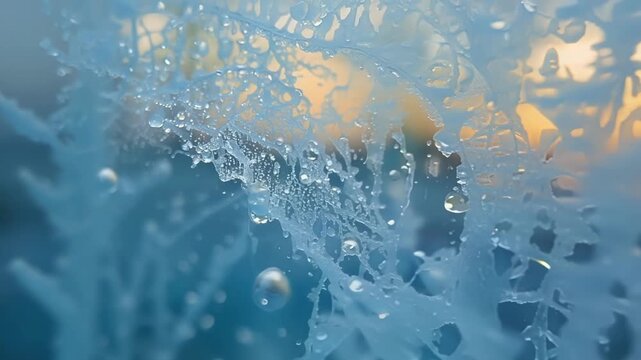 A closeup of frost buildup on a window reveals a delicate weblike design with tiny droplets of water frozen in place.