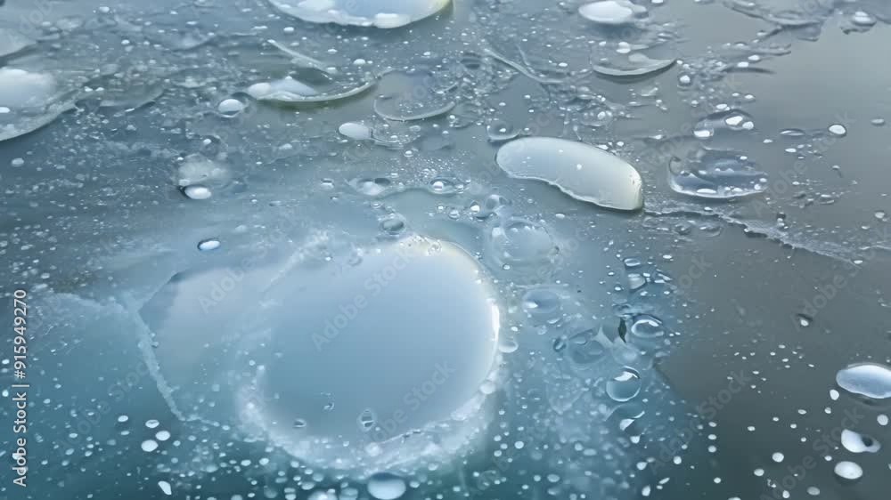 Aufkleber As the camera zooms out a frozen puddle reveals a network of bubbles frozen in different stages creating a mesmerizing abstract image.