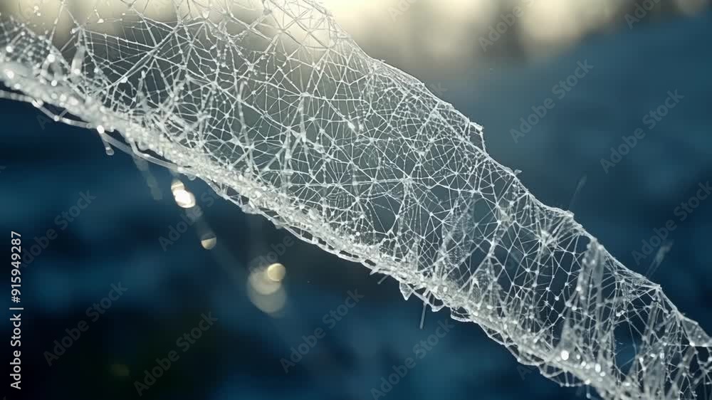 Poster a frozen spiderweb covered in tiny ice crystals glistening in the sunlight against a dark background