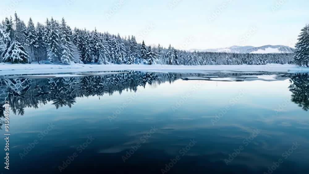 Poster the camera captures the reflection of the winter landscape in the smooth surface of the ice showcasi