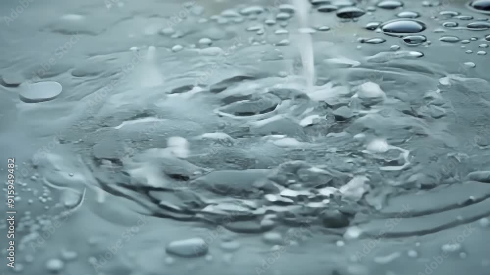 Poster A macro shot of a group of hailstones in a puddle creating ripples and tiny waves as they hit the water.