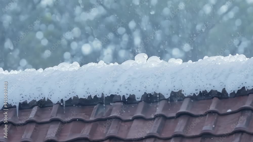 Aufkleber A closeup of hailstones accumulating on a rooftop creating a white blanket over the surface.