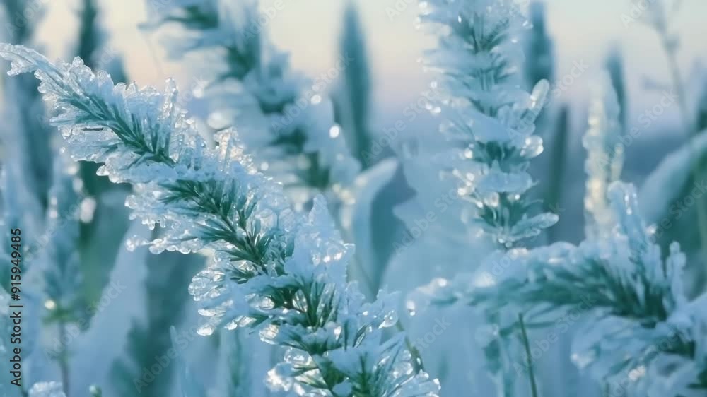 Poster A closeup of frozen grass with intricate ice crystals forming on each blade creating a beautiful texture.