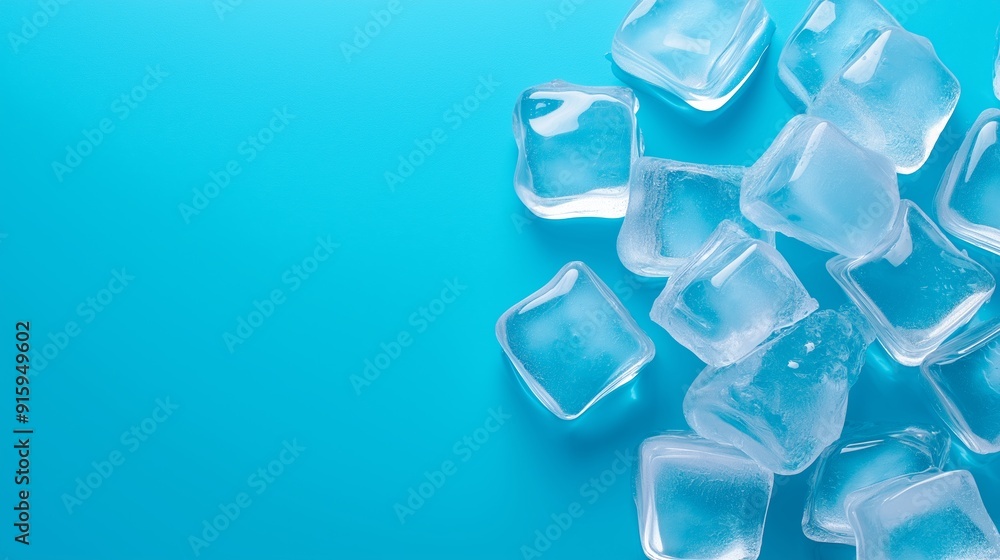 Poster a blue background with a pile of ice cubes on it. the ice cubes are all different sizes and shapes