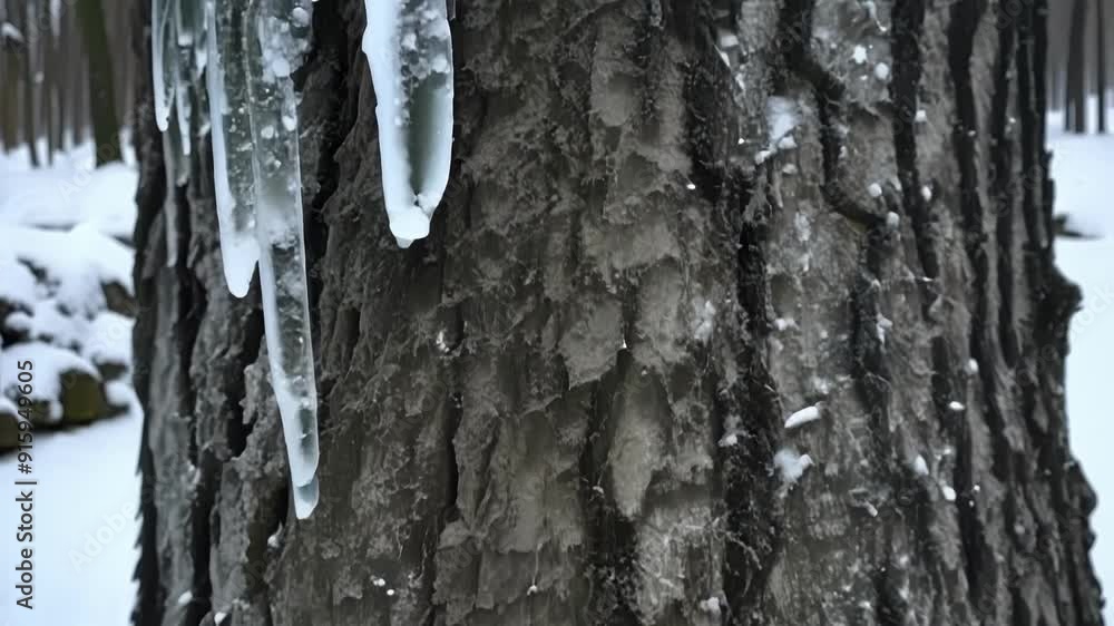 Leinwandbilder a closeup of a snowcovered tree trunk with small icicles clinging to its rough bark creating a beaut