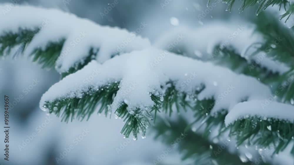 Poster closeup of snowcovered pine branches each needle delicately dusted with sparkling snow crystals.