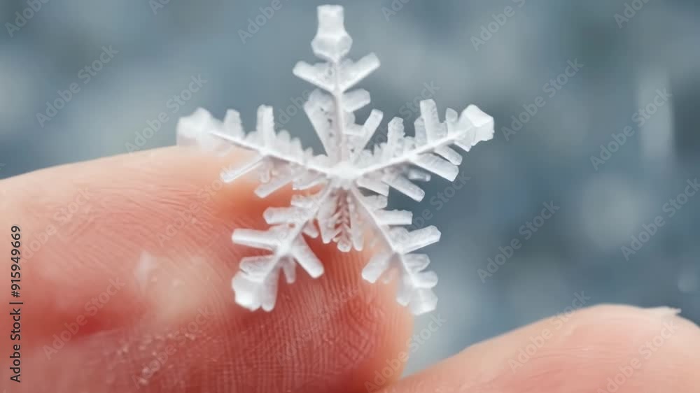 Poster a single snowflake landing softly on a persons outstretched hand perfectly preserved in all its intr