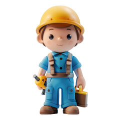 3D Render Cute Cartoon Construction Worker Character Holding Drill and Toolbox PNG Set on Transparent Background with Alpha Channel for Labor Day and Construction Projects