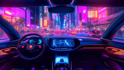 futuristic self-driving taxi car navigating through a vibrant neon-lit cityscape at night. Interior view focuses on high-tech LED dashboard, glowing softly with intuitive controls and navigation panel