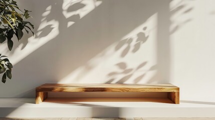 A wooden platform with a light wooden grain pattern on a white background with shadows of leaves projected on the wall.